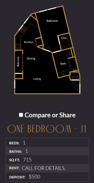 Floor plan for 1 bed, 1 bath, 715 sqft